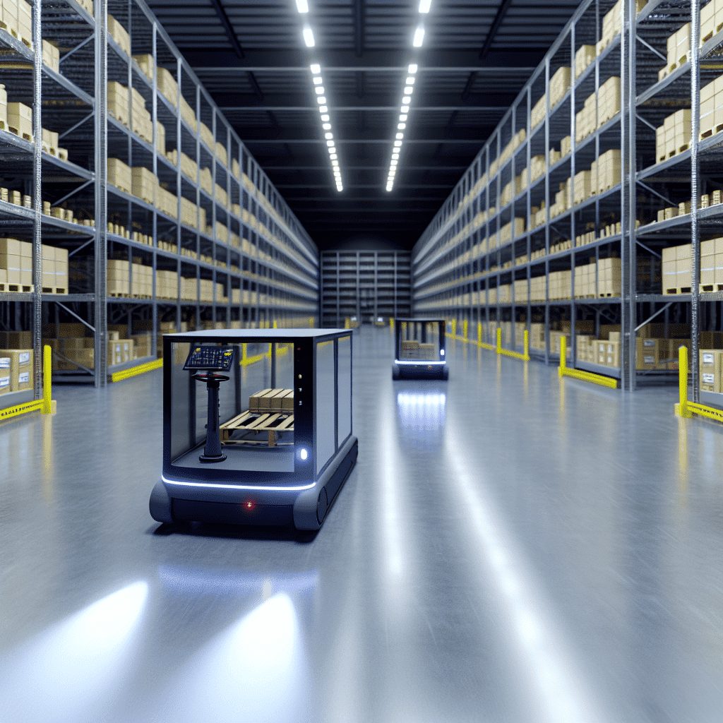 Véhicule autoguidé (AGV) automatisé circulant dans un entrepôt logistique, optimisant le transport des marchandises grâce aux technologies de guidage avancées. Illustration de l'automatisation en logistique avec des AGV réduisant les erreurs et augmentant la productivité.