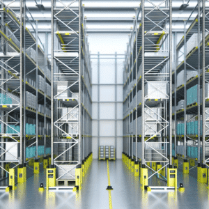 Vue d’un entrepôt logistique industriel équipé de rayonnages métalliques modulaires comprenant montants, lisses, échelles, étagères grillagées et protections de sécurité, illustrant l’organisation optimisée des stocks, la robustesse des structures de stockage et la signalisation claire pour la gestion efficace des flux et la sécurité des marchandises.