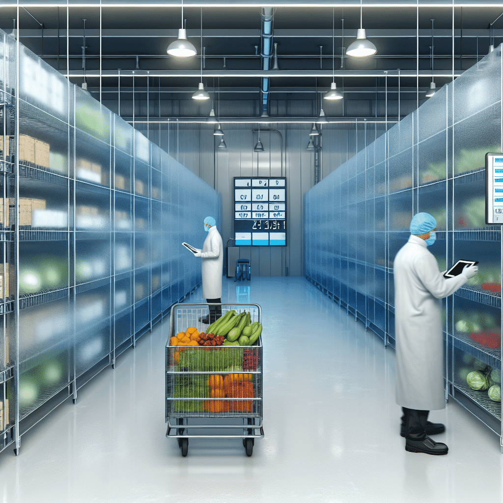 Visuel illustrant la logistique des produits périssables : entrepôt frigorifique moderne avec rayonnages remplis de palettes de denrées alimentaires, opérateurs équipés de protections sanitaires, système de stockage automatisé en fonctionnement, et écrans numériques affichant la traçabilité en temps réel – image optimisée SEO sur les enjeux logistiques des denrées périssables, conditions de conservation, sécurité alimentaire et digitalisation des flux.