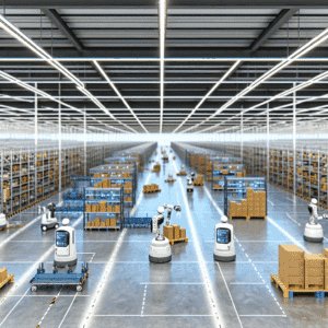 Vue d’un entrepôt logistique automatisé avec des robots mobiles (AMR), des convoyeurs intelligents et des rayonnages automatisés en action, illustrant la transformation digitale et technologique du secteur logistique face aux exigences du e-commerce – optimisation des flux, rapidité d’exécution, réduction des erreurs et amélioration de la productivité.