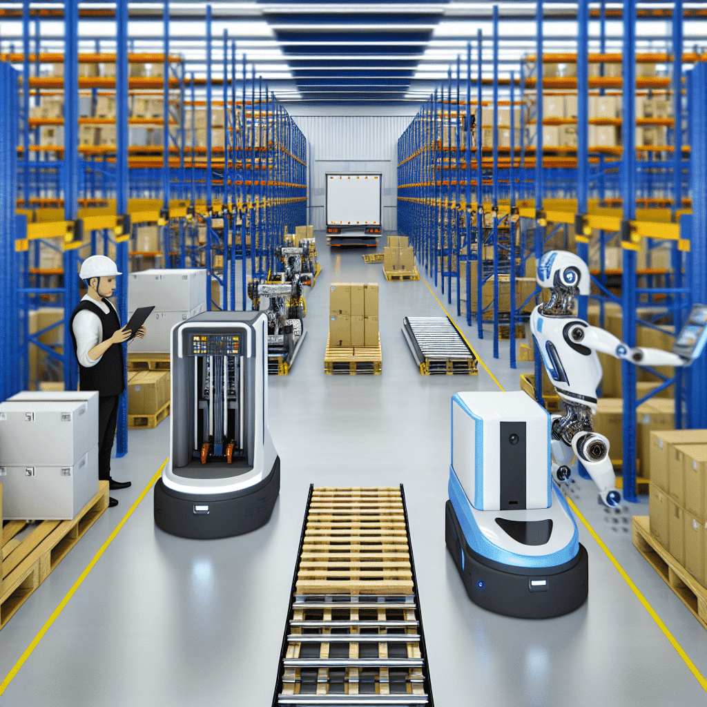 Illustration représentant une chaîne logistique moderne avec entrepôt automatisé, robots de manutention et véhicules de transport. L’image met en avant la digitalisation et l’optimisation des flux logistiques par l’automatisation et l’intelligence artificielle. Concept de gestion efficace des stocks et de coordination en temps réel pour améliorer la performance des entreprises.
