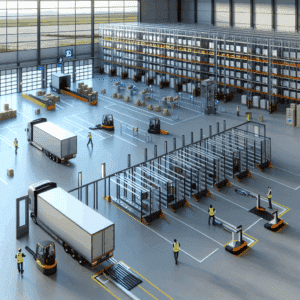 Vue intérieure d’un entrepôt logistique moderne avec répartition en zones fonctionnelles, illustrant les quais de chargement, la zone de réception avec équipements automatisés, des rayonnages de stockage high-tech et la signalisation dédiée, soulignant l’optimisation de l’espace, la fluidité des flux de marchandises, et l’intégration des technologies WMS et YMS pour une gestion logistique efficace.