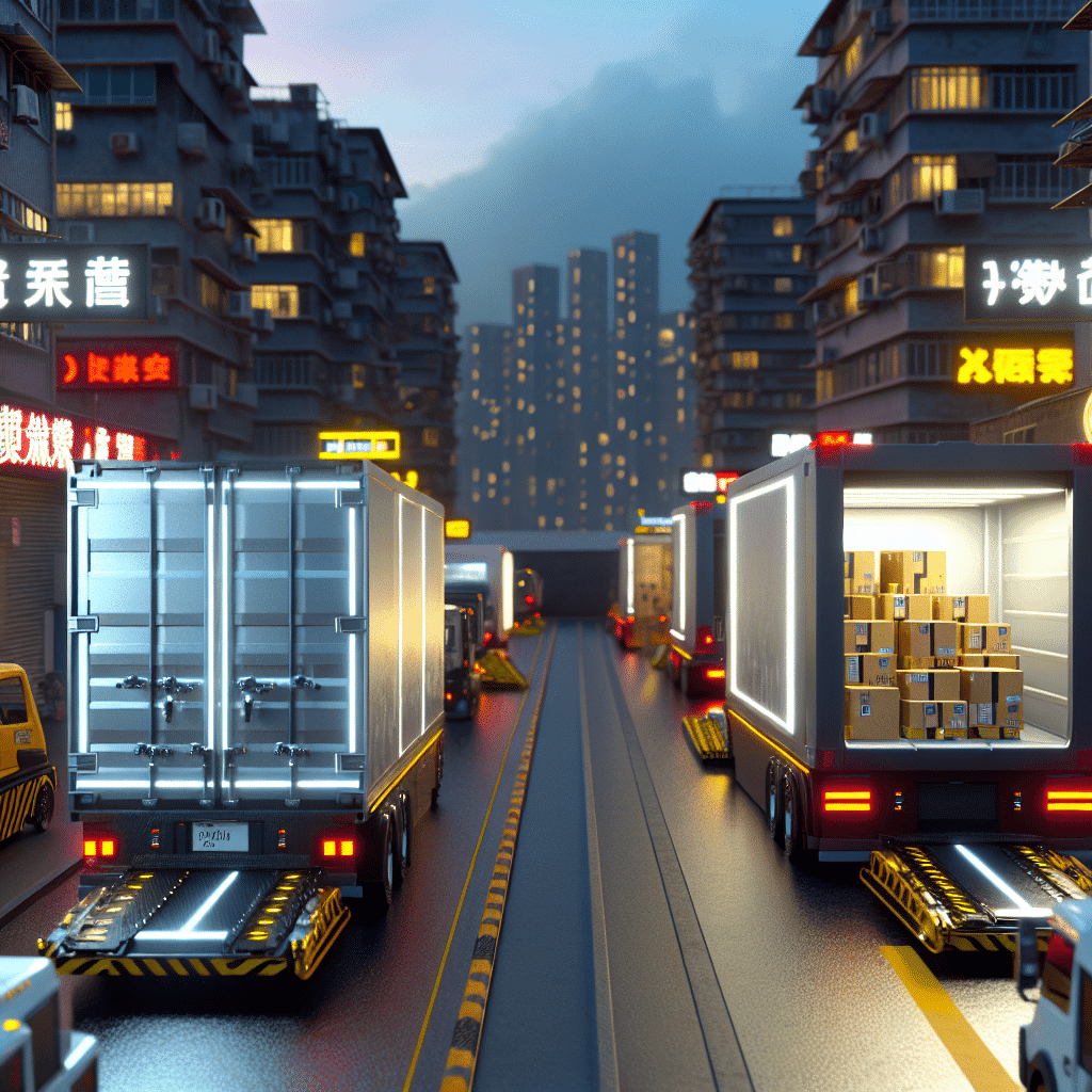 Entrepôt mobile automatisé en milieu urbain, optimisant la logistique grâce à la robotisation et à la proximité des consommateurs pour des livraisons rapides et flexibles.
