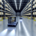 Véhicule autoguidé (AGV) automatisé circulant dans un entrepôt logistique, optimisant le transport des marchandises grâce aux technologies de guidage avancées. Illustration de l'automatisation en logistique avec des AGV réduisant les erreurs et augmentant la productivité.