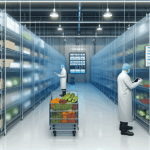 Visuel illustrant la logistique des produits périssables : entrepôt frigorifique moderne avec rayonnages remplis de palettes de denrées alimentaires, opérateurs équipés de protections sanitaires, système de stockage automatisé en fonctionnement, et écrans numériques affichant la traçabilité en temps réel – image optimisée SEO sur les enjeux logistiques des denrées périssables, conditions de conservation, sécurité alimentaire et digitalisation des flux.