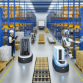 Illustration représentant une chaîne logistique moderne avec entrepôt automatisé, robots de manutention et véhicules de transport. L’image met en avant la digitalisation et l’optimisation des flux logistiques par l’automatisation et l’intelligence artificielle. Concept de gestion efficace des stocks et de coordination en temps réel pour améliorer la performance des entreprises.