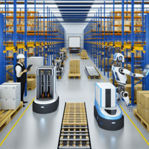 Illustration représentant une chaîne logistique moderne avec entrepôt automatisé, robots de manutention et véhicules de transport. L’image met en avant la digitalisation et l’optimisation des flux logistiques par l’automatisation et l’intelligence artificielle. Concept de gestion efficace des stocks et de coordination en temps réel pour améliorer la performance des entreprises.