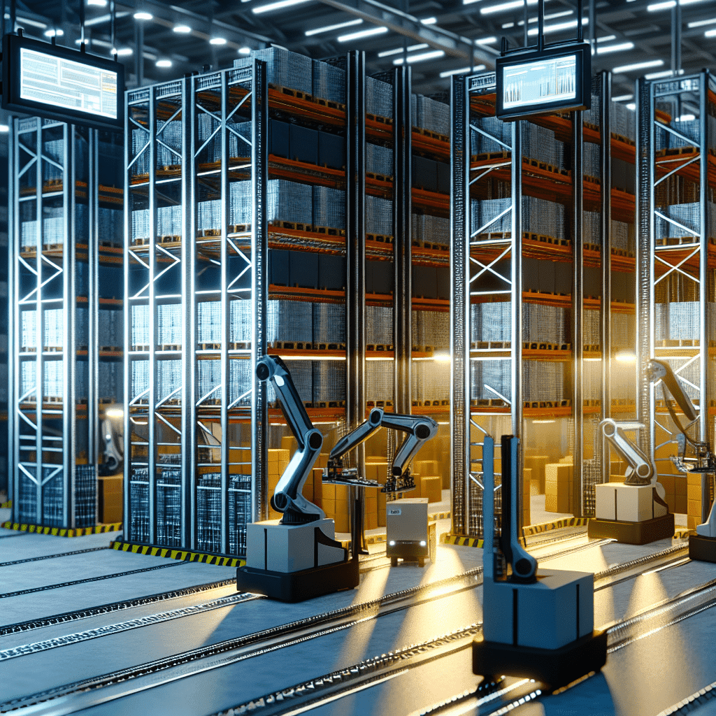 Entrepôt automatisé moderne avec convoyeurs, robots mobiles autonomes (AMR) et transstockeurs optimisant la gestion des stocks et la préparation des commandes. Technologies logistiques avancées améliorant productivité, efficacité et rentabilité dans la supply chain.