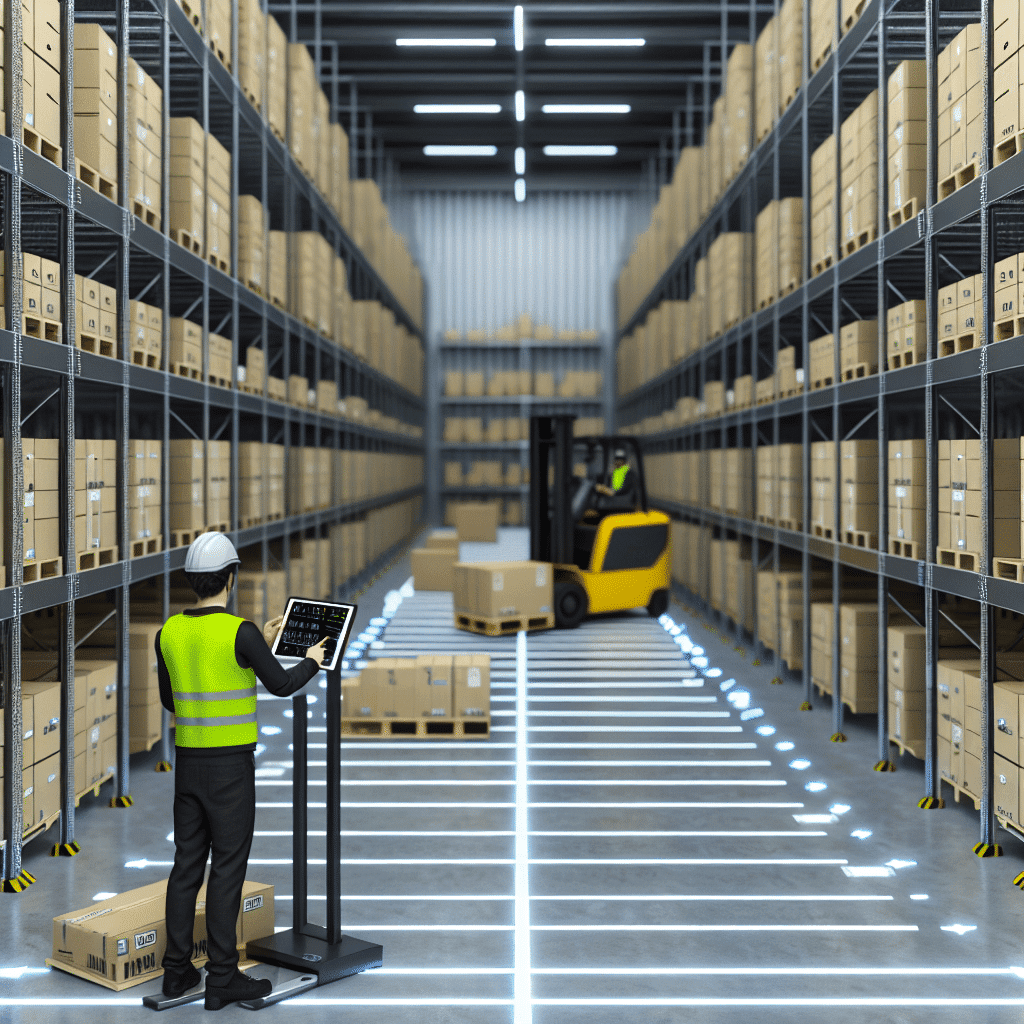 Optimisation de la gestion des stocks en logistique : entrepôt organisé avec racks de stockage, gestion numérique des stocks via un logiciel WMS, employé scannant un code-barres pour assurer un suivi précis des marchandises.