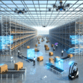 Visuel illustrant la transformation digitale de la logistique : entrepôt automatisé avec robots autonomes, capteurs IoT et écrans affichant des analyses de Big Data. Un drone survole les rangées de stocks pour effectuer un inventaire, tandis qu’un opérateur utilise des lunettes de réalité augmentée pour optimiser le picking. Technologie avancée et optimisation des flux logistiques pour une gestion efficace et innovante des marchandises.