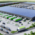 Logistique verte : un entrepôt moderne avec des véhicules électriques et des palettes en matériaux recyclés, symbolisant l’optimisation des flux et la réduction de l’empreinte carbone.
