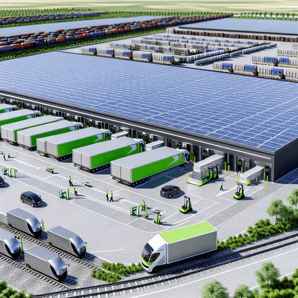 Logistique verte : un entrepôt moderne avec des véhicules électriques et des palettes en matériaux recyclés, symbolisant l’optimisation des flux et la réduction de l’empreinte carbone.