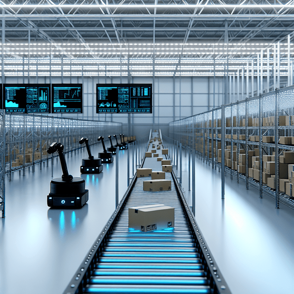 Entrepôt automatisé avec convoyeurs, transstockeurs et robots mobiles pilotés par un Warehouse Control System (WCS) optimisant la gestion des flux logistiques en temps réel.