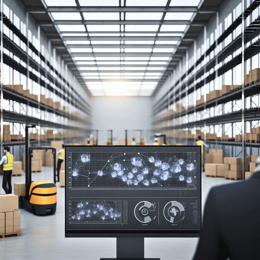 Visuel illustrant l'impact du Big Data sur la supply chain : représentation graphique d'un réseau logistique optimisé par l'analyse des données en temps réel, avec des flux de transport, des entrepôts connectés et des algorithmes prédictifs améliorant la gestion des stocks.