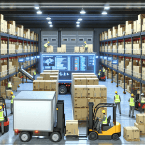 Chargement de marchandises dans un entrepôt logistique : un employé en gilet de sécurité utilise un chariot élévateur pour organiser des palettes sur un quai d’expédition. L’espace est optimisé avec des racks de stockage et des convoyeurs à rouleaux accélérant le flux des colis. L’image illustre la gestion efficace des expéditions pour garantir des livraisons rapides et sécurisées.