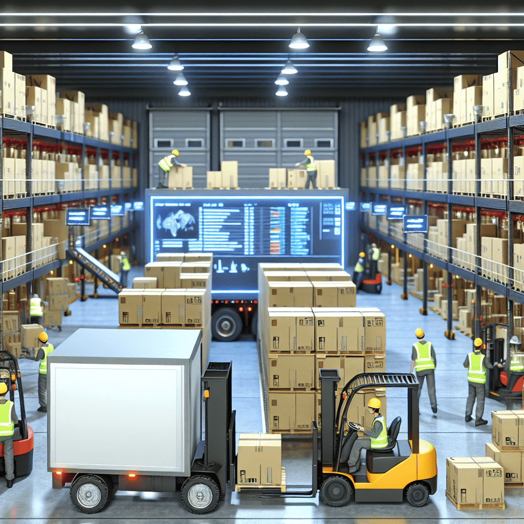 Chargement de marchandises dans un entrepôt logistique : un employé en gilet de sécurité utilise un chariot élévateur pour organiser des palettes sur un quai d’expédition. L’espace est optimisé avec des racks de stockage et des convoyeurs à rouleaux accélérant le flux des colis. L’image illustre la gestion efficace des expéditions pour garantir des livraisons rapides et sécurisées.