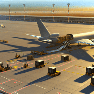 Vue aérienne d’un avion cargo en cours de chargement sur le tarmac de l’aéroport Paris-Charles de Gaulle, avec des conteneurs de fret et palettes de marchandises prêtes à être expédiées — illustration du rôle stratégique du fret aérien dans les chaînes d’approvisionnement modernes entre rapidité, fiabilité logistique et croissance du e-commerce.