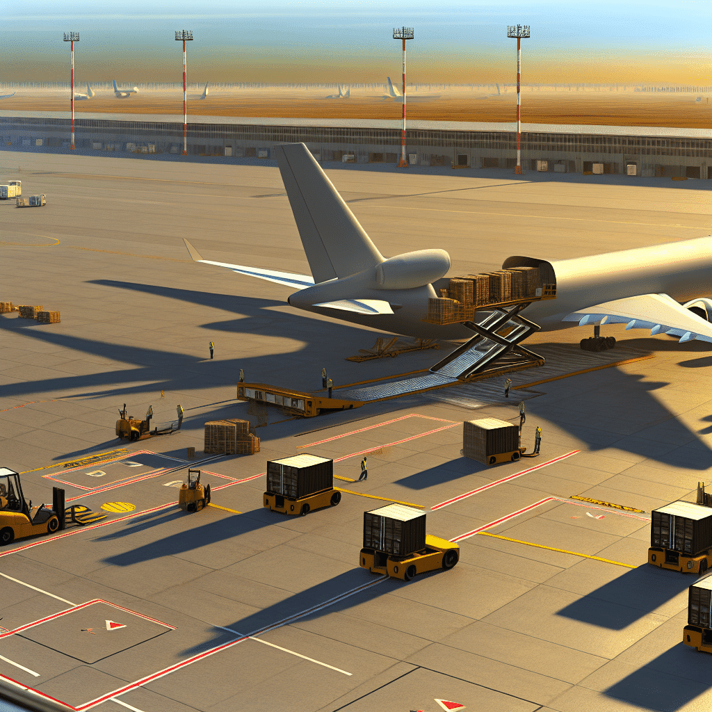 Vue aérienne d’un avion cargo en cours de chargement sur le tarmac de l’aéroport Paris-Charles de Gaulle, avec des conteneurs de fret et palettes de marchandises prêtes à être expédiées — illustration du rôle stratégique du fret aérien dans les chaînes d’approvisionnement modernes entre rapidité, fiabilité logistique et croissance du e-commerce.