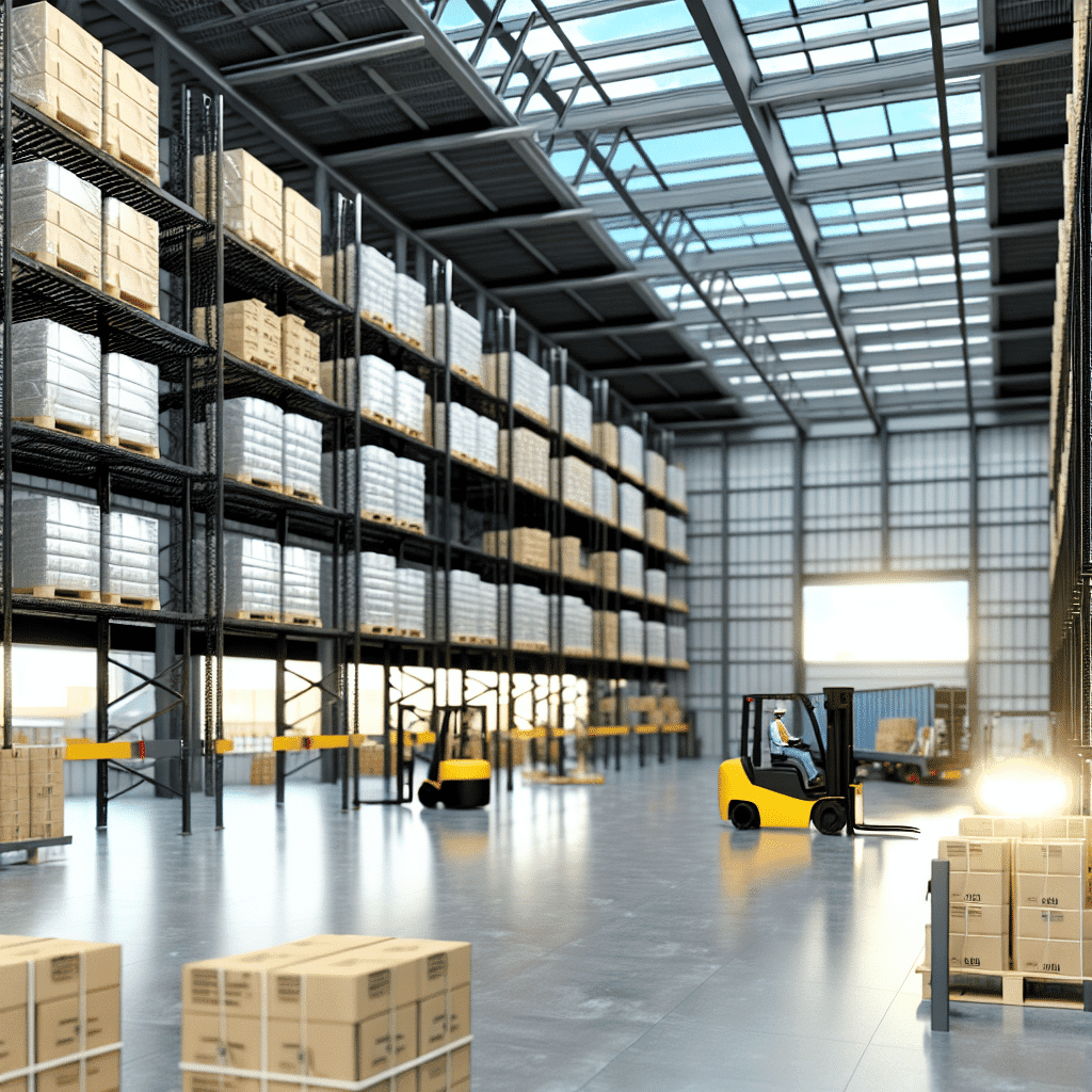 Optimisation logistique et gestion des flux de transport – Un entrepôt moderne avec des palettes de marchandises, des chariots élévateurs en mouvement et un écran affichant un logiciel TMS pour la gestion des expéditions. Ce visuel illustre l’importance d’une logistique performante pour améliorer la compétitivité des entreprises et optimiser leur supply chain.
