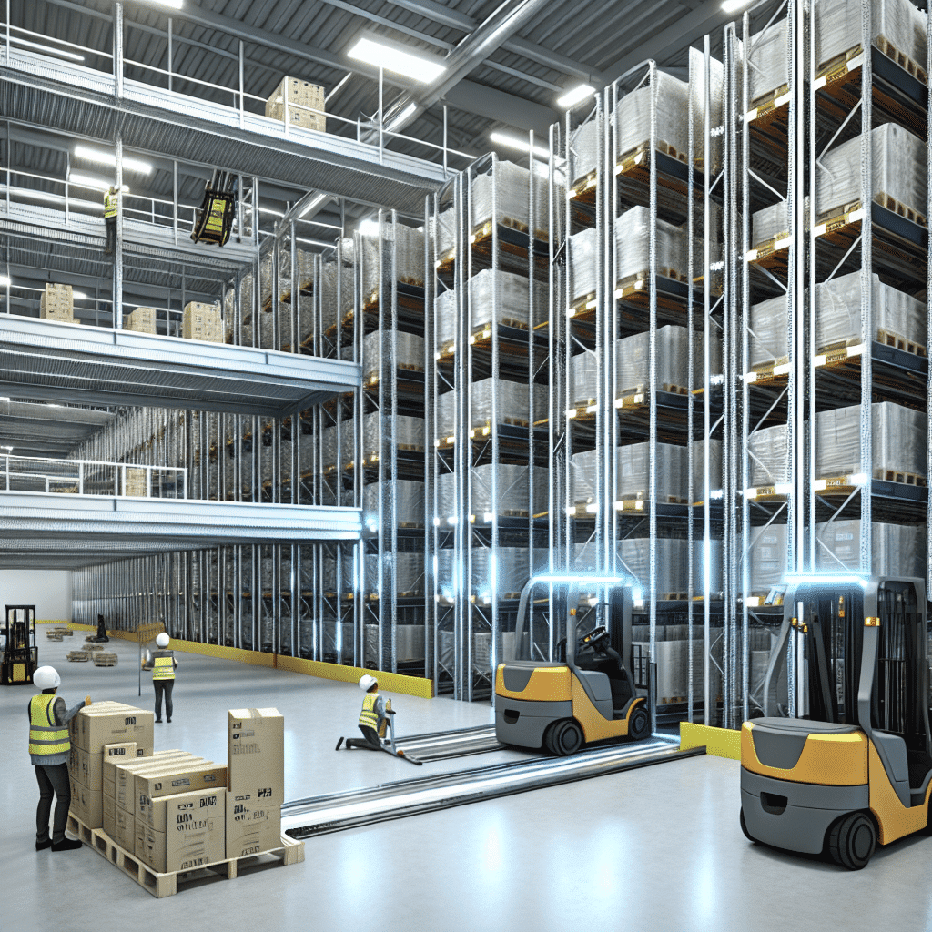 Tunnel de picking en entrepôt logistique avec rayonnages de stockage optimisés. Un préparateur de commandes prélève des produits au niveau inférieur, tandis que les palettes de réserve sont stockées en hauteur. Solution efficace pour accélérer la préparation des commandes et réduire les déplacements des opérateurs.