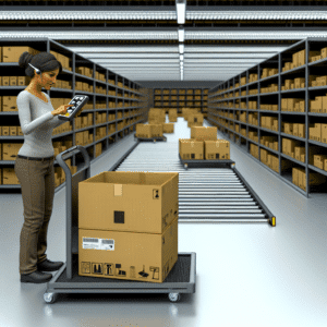Visuel d’un opérateur logistique en entrepôt utilisant la méthode pick-to-box : il prépare directement les colis clients à l’aide d’un chariot manuel équipé de cartons d’expédition, guidé par un terminal mobile. L’image illustre l’optimisation du processus de préparation de commandes, avec digitalisation, réduction des déplacements et efficacité accrue, dans un environnement e-commerce moderne.