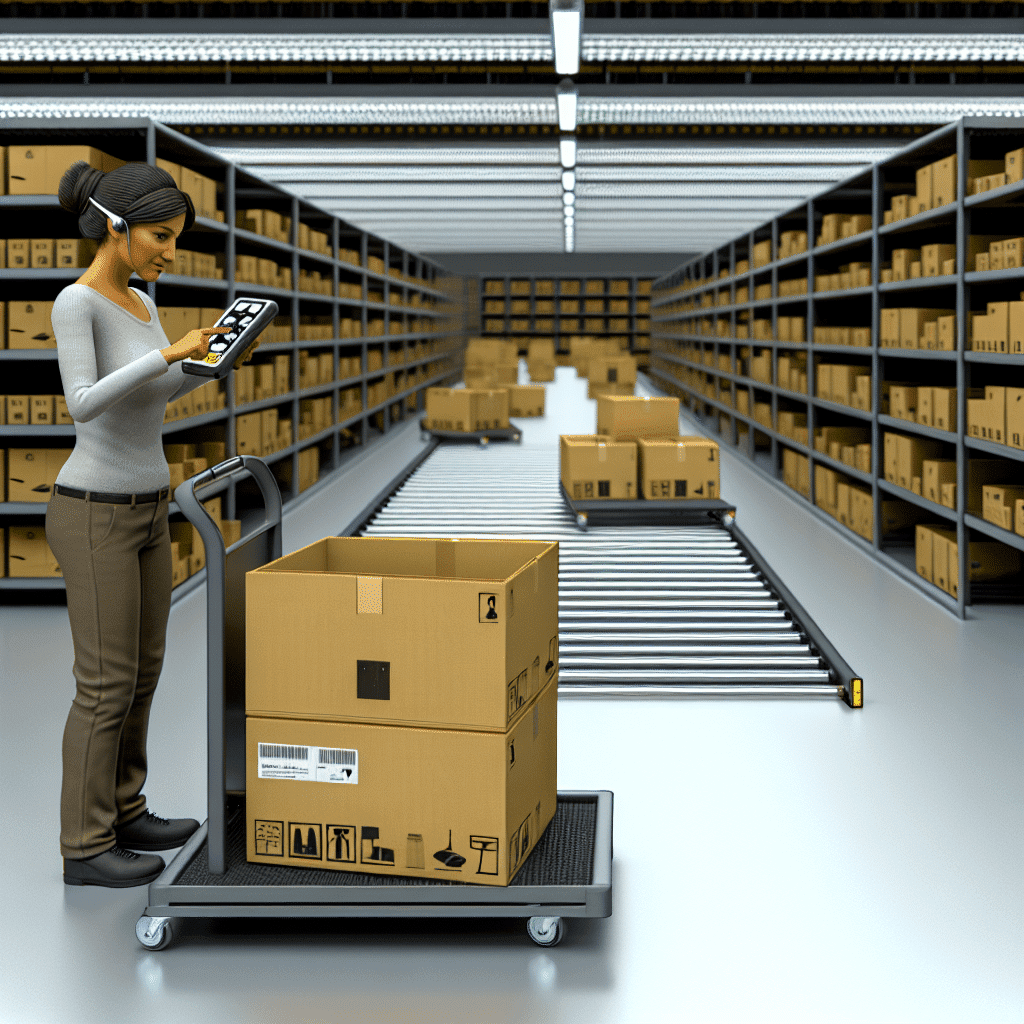 Visuel d’un opérateur logistique en entrepôt utilisant la méthode pick-to-box : il prépare directement les colis clients à l’aide d’un chariot manuel équipé de cartons d’expédition, guidé par un terminal mobile. L’image illustre l’optimisation du processus de préparation de commandes, avec digitalisation, réduction des déplacements et efficacité accrue, dans un environnement e-commerce moderne.