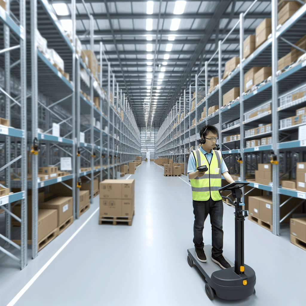 Vue panoramique intérieure d’un entrepôt logistique moderne avec plusieurs allées de rayonnages métalliques bien organisés, illustrant une opération de picking efficace ; des préparateurs munis de terminaux mobiles scannent des codes-barres et sélectionnent des articles dans des bacs étiquetés, symbolisant l’automatisation, la digitalisation et la performance des processus logistiques optimisés pour le e-commerce – image représentant la stratégie d’optimisation du picking dans la supply chain.