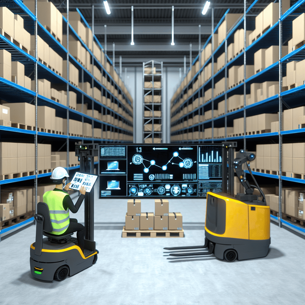 Illustration représentant une gestion optimisée du stock cyclique en entrepôt logistique moderne, avec des rayonnages organisés, flux de marchandises réguliers, et intégration d’outils numériques pour le suivi en temps réel — concept clé pour éviter les ruptures de stock, maîtriser les coûts et améliorer la performance logistique.