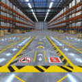 Vue d’un entrepôt logistique moderne montrant un marquage au sol clair et structuré avec des lignes de circulation, pictogrammes de sécurité et zones délimitées en couleurs vives, illustrant l’organisation des flux de déplacement, la prévention des risques et l’optimisation de la productivité dans un espace industriel conforme aux normes de sécurité européennes.