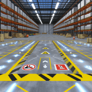 Vue d’un entrepôt logistique moderne montrant un marquage au sol clair et structuré avec des lignes de circulation, pictogrammes de sécurité et zones délimitées en couleurs vives, illustrant l’organisation des flux de déplacement, la prévention des risques et l’optimisation de la productivité dans un espace industriel conforme aux normes de sécurité européennes.
