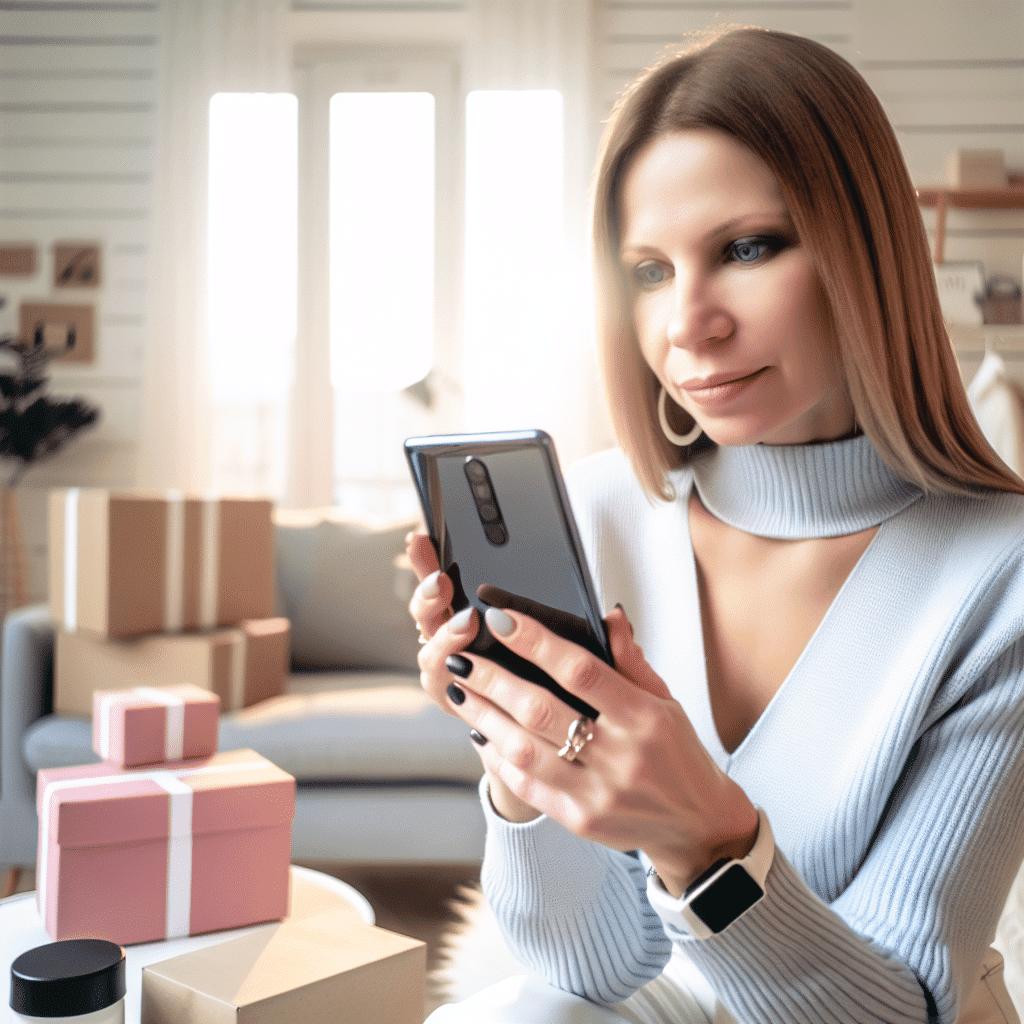Visuel illustrant le concept de social commerce : une jeune femme effectue un achat instantané via une application mobile tout en scrollant sur un réseau social, entourée d’icônes d’interaction (likes, commentaires, partages) et de vignettes produits cliquables, représentant la fusion entre e-commerce, influence et expérience utilisateur sur les plateformes sociales – image optimisée pour les mots-clés "social commerce", "achat via réseaux sociaux", "expérience utilisateur e-commerce", "marketing digital".