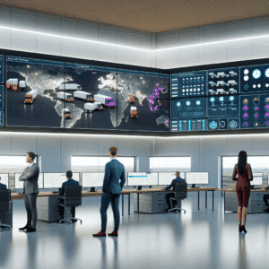 Illustration représentant un écran d’ordinateur affichant une interface moderne de logiciel TMS (Transport Management System), entouré de pictogrammes logistiques symbolisant la planification de tournées, le suivi en temps réel des livraisons, l’optimisation des coûts et la réduction de l’empreinte carbone, mettant en scène la digitalisation du transport et la performance logistique au cœur de la supply chain moderne.