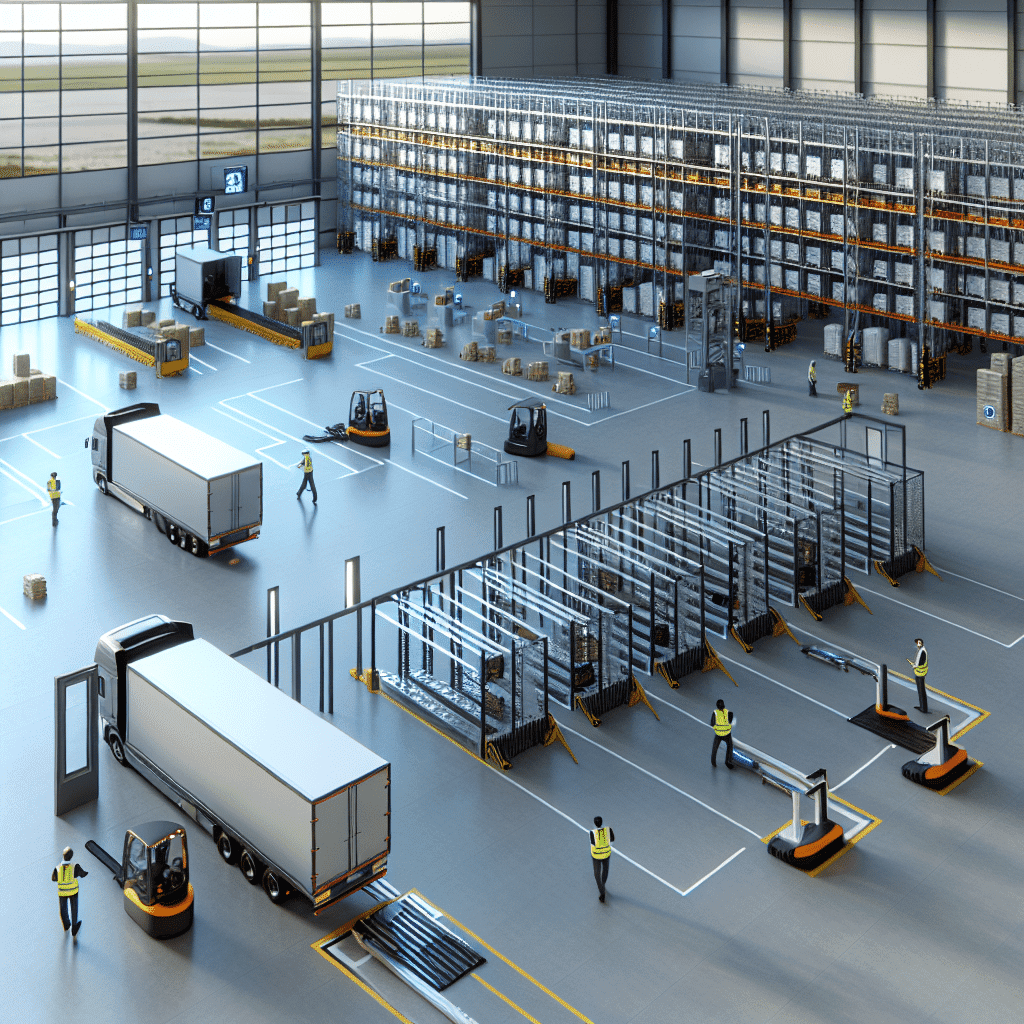 Vue intérieure d’un entrepôt logistique moderne avec répartition en zones fonctionnelles, illustrant les quais de chargement, la zone de réception avec équipements automatisés, des rayonnages de stockage high-tech et la signalisation dédiée, soulignant l’optimisation de l’espace, la fluidité des flux de marchandises, et l’intégration des technologies WMS et YMS pour une gestion logistique efficace.