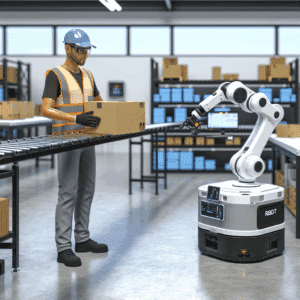 Cobots collaborant avec des opérateurs humains dans un entrepôt logistique moderne, illustrant l’automatisation intelligente et la transformation de la supply chain grâce à la cobotique – innovation technologique, amélioration des conditions de travail, sécurité renforcée et performance opérationnelle.