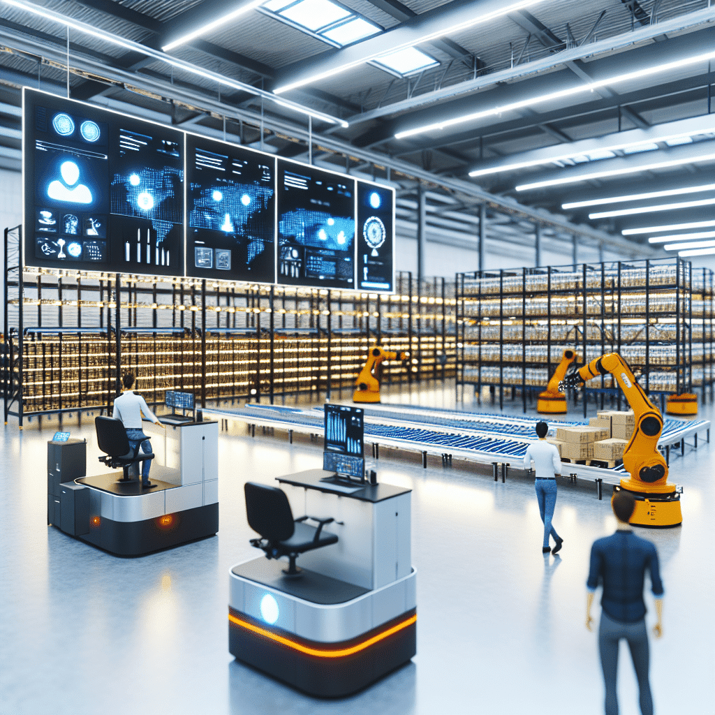 Visuel représentant un entrepôt logistique moderne automatisé avec des robots mobiles (AGV), des rayonnages intelligents et des opérateurs supervisant des écrans de contrôle, illustrant la transformation digitale, l’innovation technologique et l’optimisation de la supply chain en réponse aux enjeux économiques, environnementaux et commerciaux actuels.