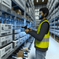Visuel représentant un préparateur de commande en entrepôt logistique moderne, équipé d’un terminal mobile et d’un casque de voice picking, sélectionnant des produits dans des rayonnages optimisés – illustration de la performance logistique, de l’optimisation des processus de picking et du rôle stratégique de la préparation de commandes pour une livraison rapide, fiable et rentable.