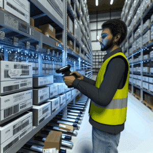 Visuel représentant un préparateur de commande en entrepôt logistique moderne, équipé d’un terminal mobile et d’un casque de voice picking, sélectionnant des produits dans des rayonnages optimisés – illustration de la performance logistique, de l’optimisation des processus de picking et du rôle stratégique de la préparation de commandes pour une livraison rapide, fiable et rentable.