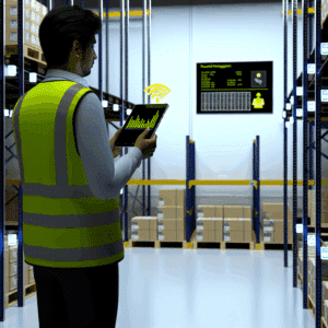 Illustration représentant un entrepôt logistique moderne connecté où des opérateurs utilisent des tablettes pour analyser des microdonnées, symbolisant l'application concrète du small data dans l’amélioration des processus logistiques par une prise de décision rapide et contextualisée, en contraste avec les infrastructures complexes du Big Data – visuel optimisé pour les recherches sur "small data logistique", "prise de décision rapide en supply chain", "microdonnées secteur logistique" ou "efficacité opérationnelle PME".