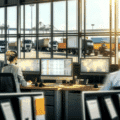 Visuel représentant un affréteur en pleine organisation logistique, entouré d’écrans affichant des données de transport multimodal (routier, maritime, ferroviaire et aérien), symbolisant son rôle central dans la coordination de la chaîne logistique moderne ; l’image illustre parfaitement les compétences techniques, la réactivité et l’expertise stratégique nécessaires à ce métier clé du transport de marchandises national et international.