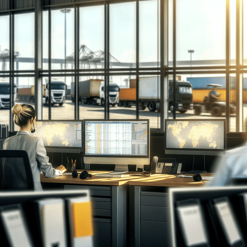 Visuel représentant un affréteur en pleine organisation logistique, entouré d’écrans affichant des données de transport multimodal (routier, maritime, ferroviaire et aérien), symbolisant son rôle central dans la coordination de la chaîne logistique moderne ; l’image illustre parfaitement les compétences techniques, la réactivité et l’expertise stratégique nécessaires à ce métier clé du transport de marchandises national et international.