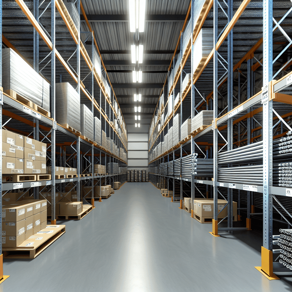 Vue d’un entrepôt logistique moderne avec différents types de rayonnages industriels adaptés aux charges lourdes, petits articles, objets longs et stockage extérieur, illustrant l’optimisation de l’espace en fonction des caractéristiques des marchandises — optimisation du stockage en entrepôt, choix de rayonnage industriel, logistique efficace, gestion des flux, sécurité et accessibilité des stocks.