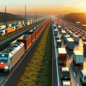 Camion de marchandises chargé sur un wagon ferroviaire dans une plateforme intermodale, illustrant le ferroutage en France comme solution logistique durable pour réduire les émissions de CO₂, désengorger les axes routiers et améliorer la performance du transport de fret.