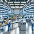 Illustration d’un entrepôt logistique moderne intégrant des technologies d’automatisation et de digitalisation, avec systèmes de stockage optimisés, robots mobiles autonomes, opérateurs utilisant des solutions WMS pour la préparation de commandes, reflétant les enjeux de performance, d’agilité et de compétitivité logistique.