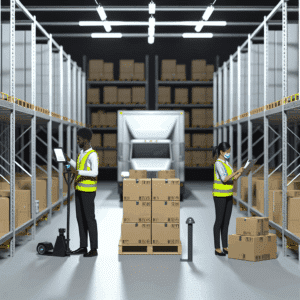 Illustration d’un entrepôt logistique moderne avec des colis en cours de préparation pour expédition, symbolisant la gestion optimisée du taux de service, la fiabilité des livraisons et la performance de la supply chain – concept clé pour améliorer la satisfaction client et la compétitivité des entreprises.