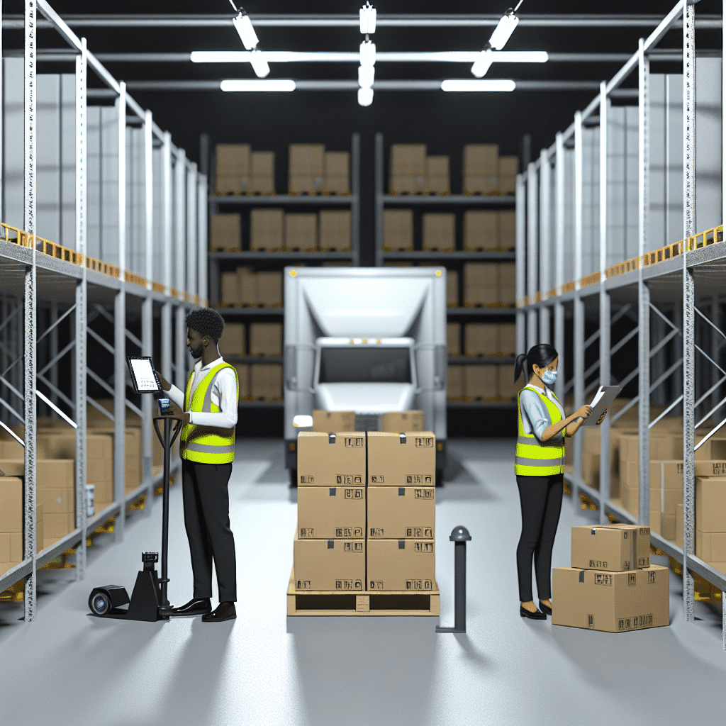 Illustration d’un entrepôt logistique moderne avec des colis en cours de préparation pour expédition, symbolisant la gestion optimisée du taux de service, la fiabilité des livraisons et la performance de la supply chain – concept clé pour améliorer la satisfaction client et la compétitivité des entreprises.