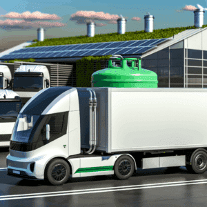 Illustration représentant un centre logistique moderne avec des camions propres (GNV, électriques et hydrogène), symbolisant la transition énergétique et la décarbonation du transport de marchandises ; mise en scène d’installations de recharge et de collaboration entre acteurs du secteur, avec en arrière-plan une ville dotée de zones à faibles émissions – image optimisée pour les mots-clés : décarbonation logistique, transport durable, transition énergétique, camions écologiques, ZFE, logistique verte.