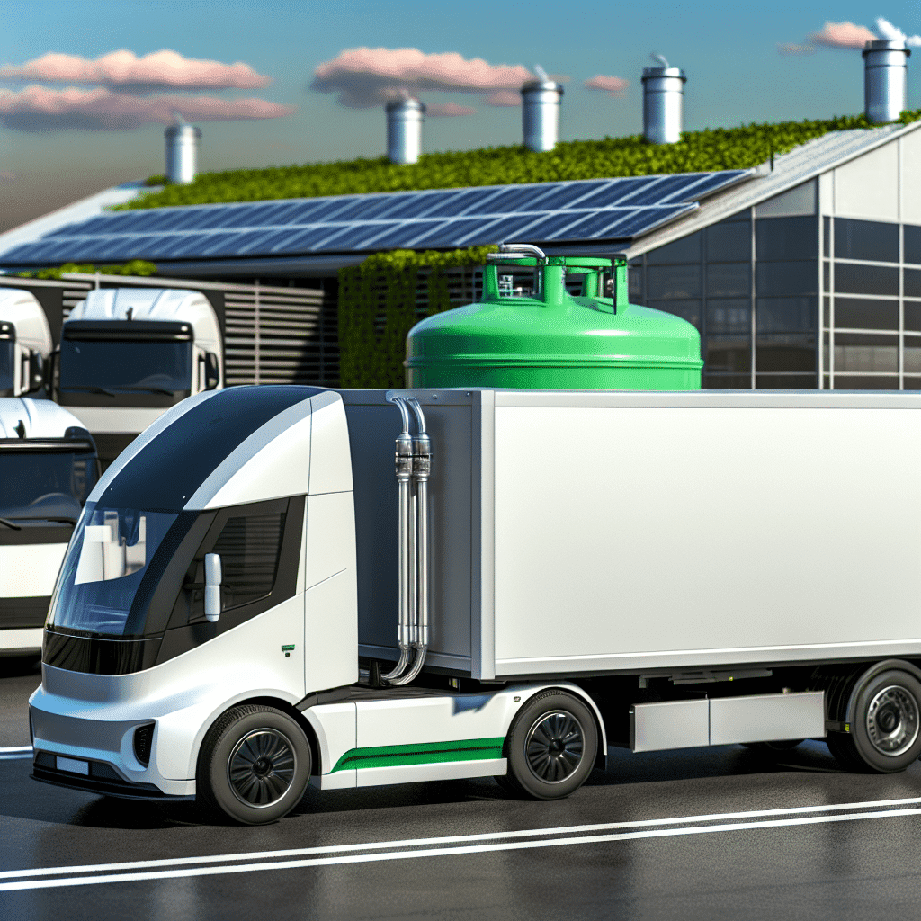 Illustration représentant un centre logistique moderne avec des camions propres (GNV, électriques et hydrogène), symbolisant la transition énergétique et la décarbonation du transport de marchandises ; mise en scène d’installations de recharge et de collaboration entre acteurs du secteur, avec en arrière-plan une ville dotée de zones à faibles émissions – image optimisée pour les mots-clés : décarbonation logistique, transport durable, transition énergétique, camions écologiques, ZFE, logistique verte.