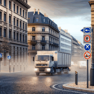 Illustration représentant une zone urbaine avec signalisation d’entrée de Zone à Faibles Émissions (ZFE), indiquant l’interdiction d’accès aux véhicules polluants, avec en arrière-plan un trafic composé de poids lourds, véhicules utilitaires et bus, soulignant l’impact environnemental du transport routier et les enjeux de la transition écologique en milieu urbain.