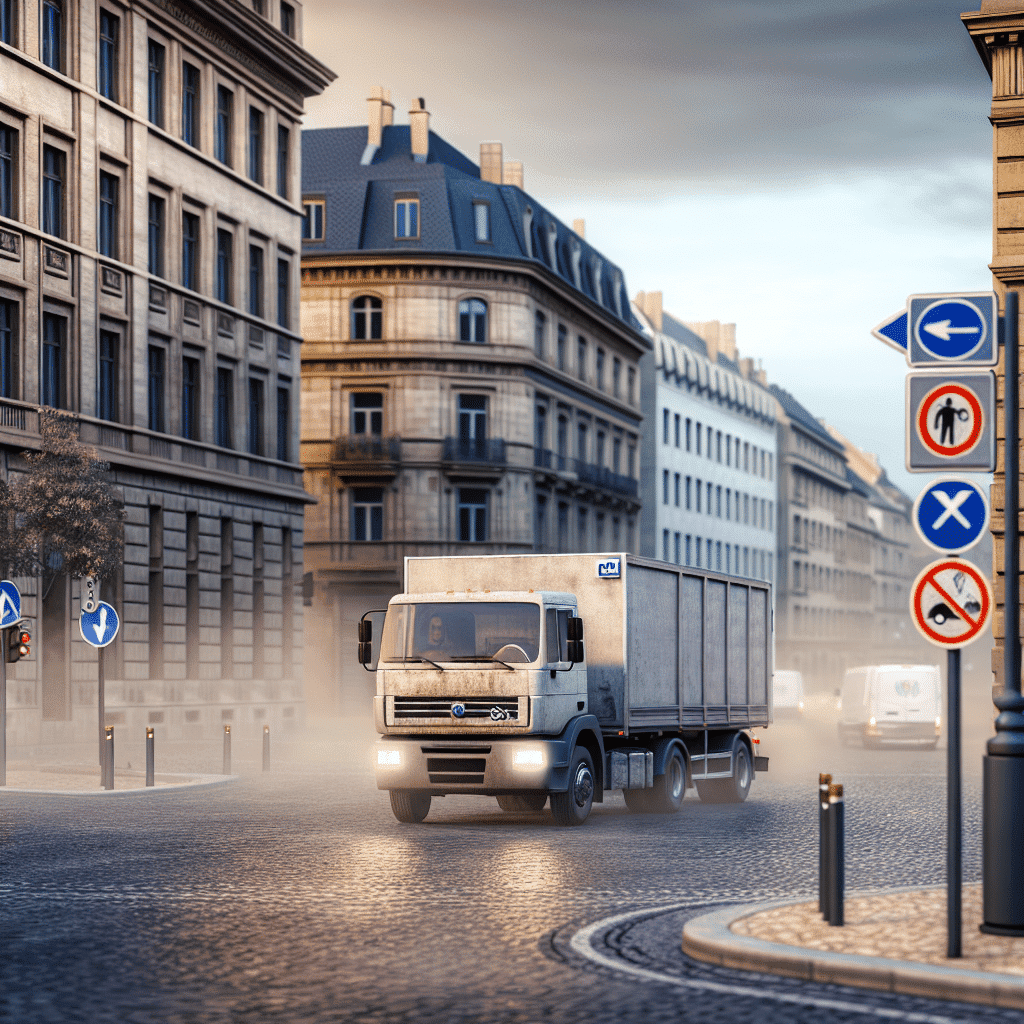Illustration représentant une zone urbaine avec signalisation d’entrée de Zone à Faibles Émissions (ZFE), indiquant l’interdiction d’accès aux véhicules polluants, avec en arrière-plan un trafic composé de poids lourds, véhicules utilitaires et bus, soulignant l’impact environnemental du transport routier et les enjeux de la transition écologique en milieu urbain.