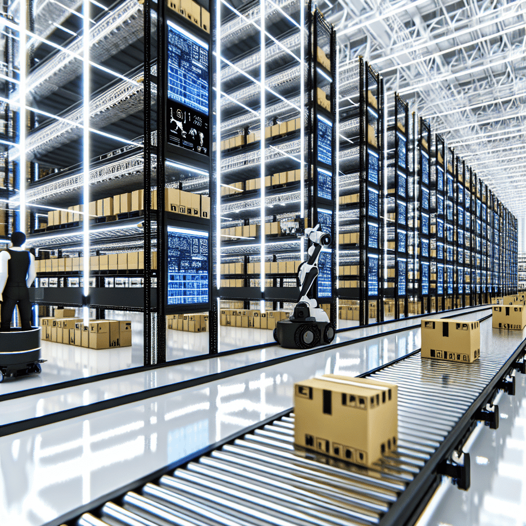 Illustration d’un entrepôt logistique omnicanal digitalisé, mettant en scène des robots de picking automatisés, des écrans affichant des stocks en temps réel et des opérateurs en interaction avec un système de gestion d’entrepôt (WMS), symbolisant la transformation numérique et l’agilité des infrastructures face aux défis de la logistique e-commerce multicanal.